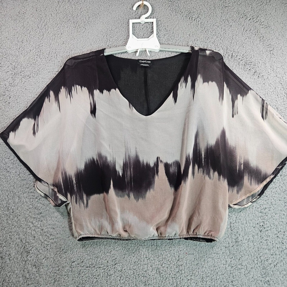 Bebe Top Womens XXS Boho Elastic Waist Abstract Print Sheer Lined Poncho Style
